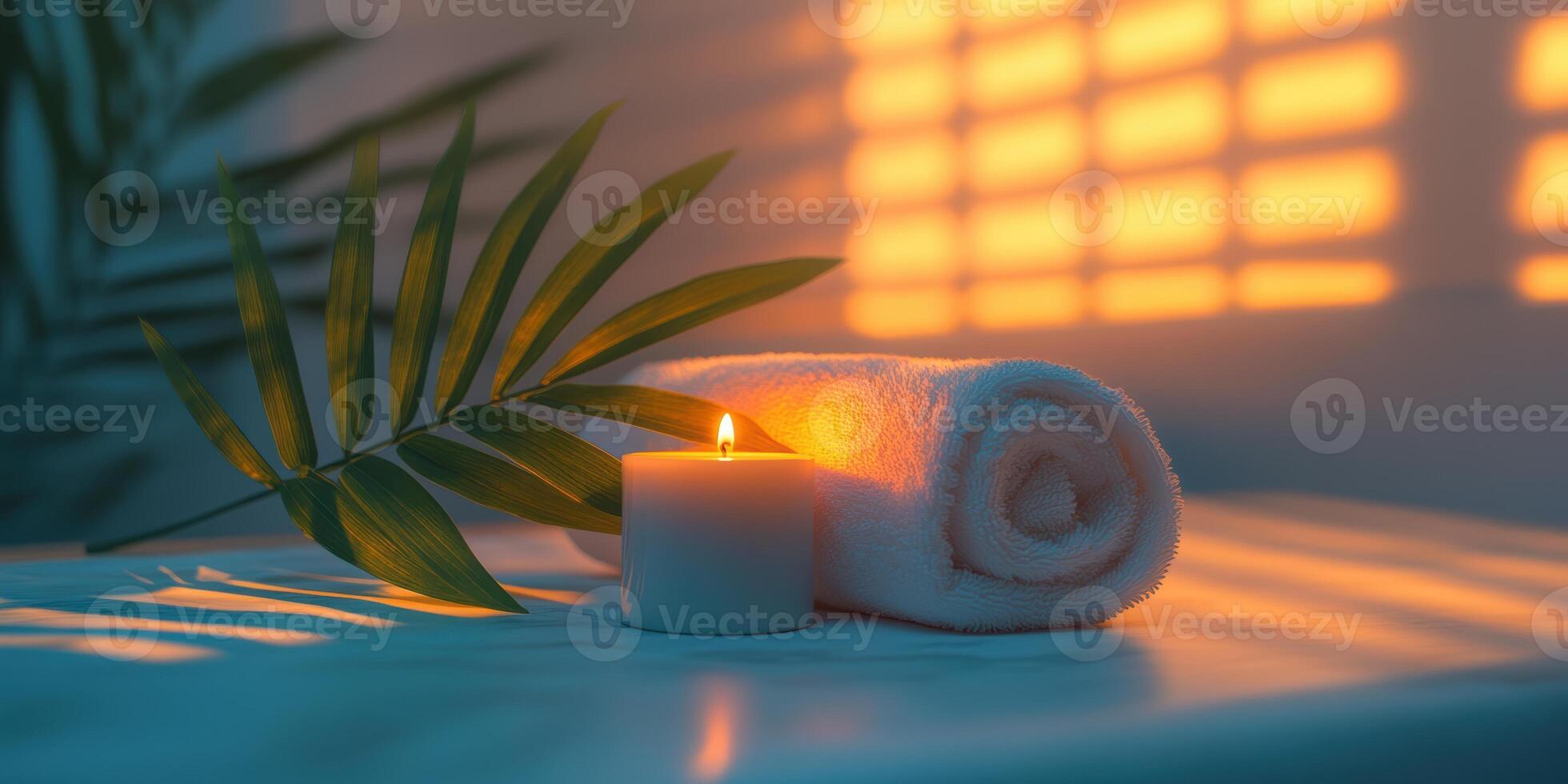 A tranquil arrangement of a rolled towel, lit candle, and single leaf on a spa bed photo