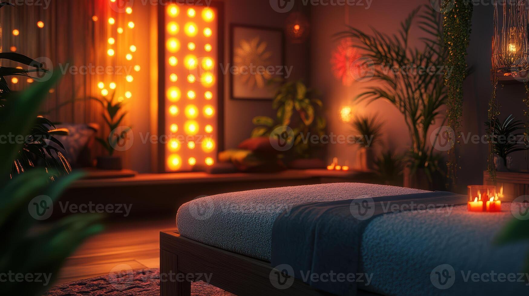 A serene massage bed setup with gentle lighting and peaceful decor photo