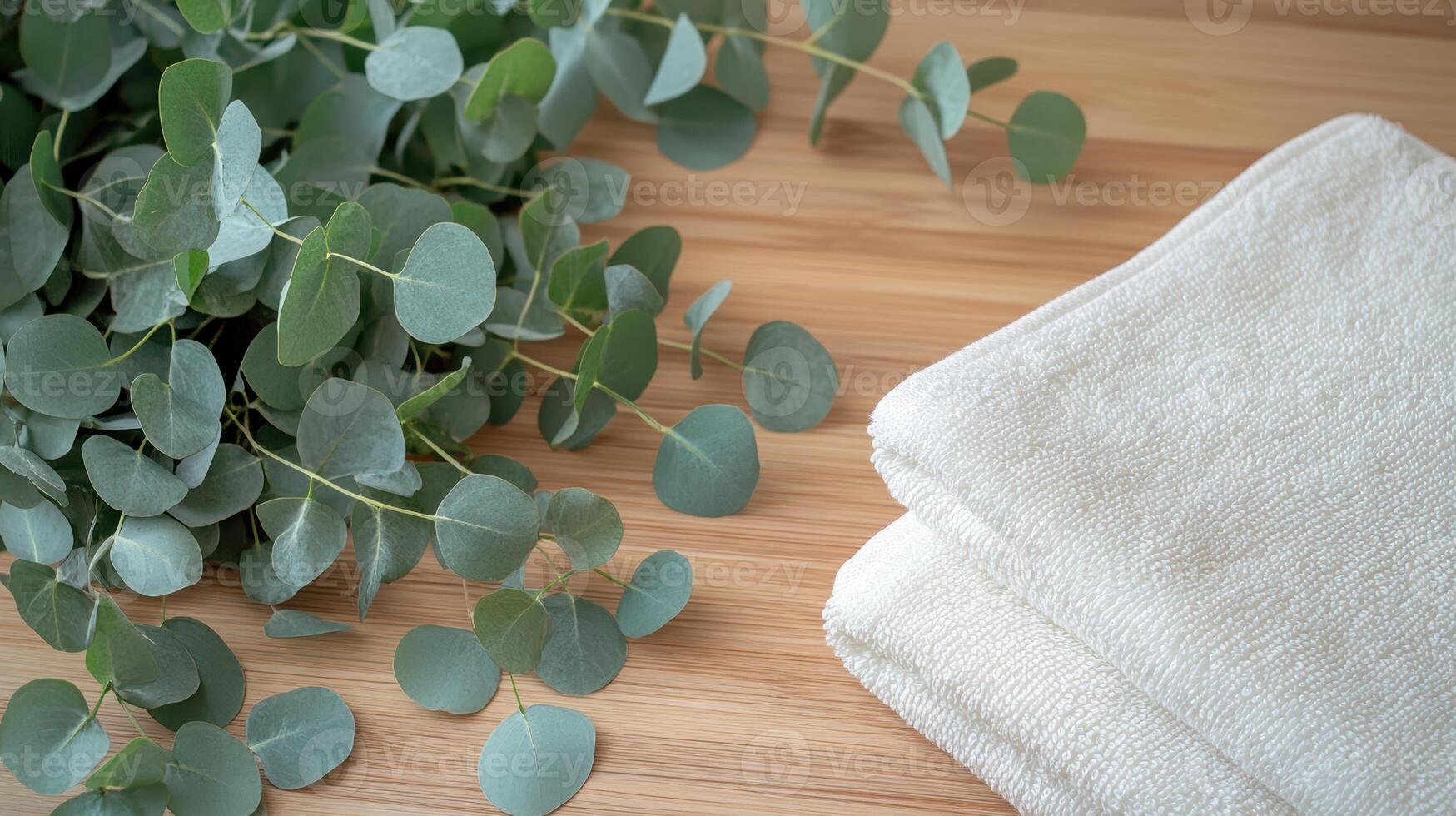 A minimalist arrangement of white towels and eucalyptus leaves against a wooden backdrop photo