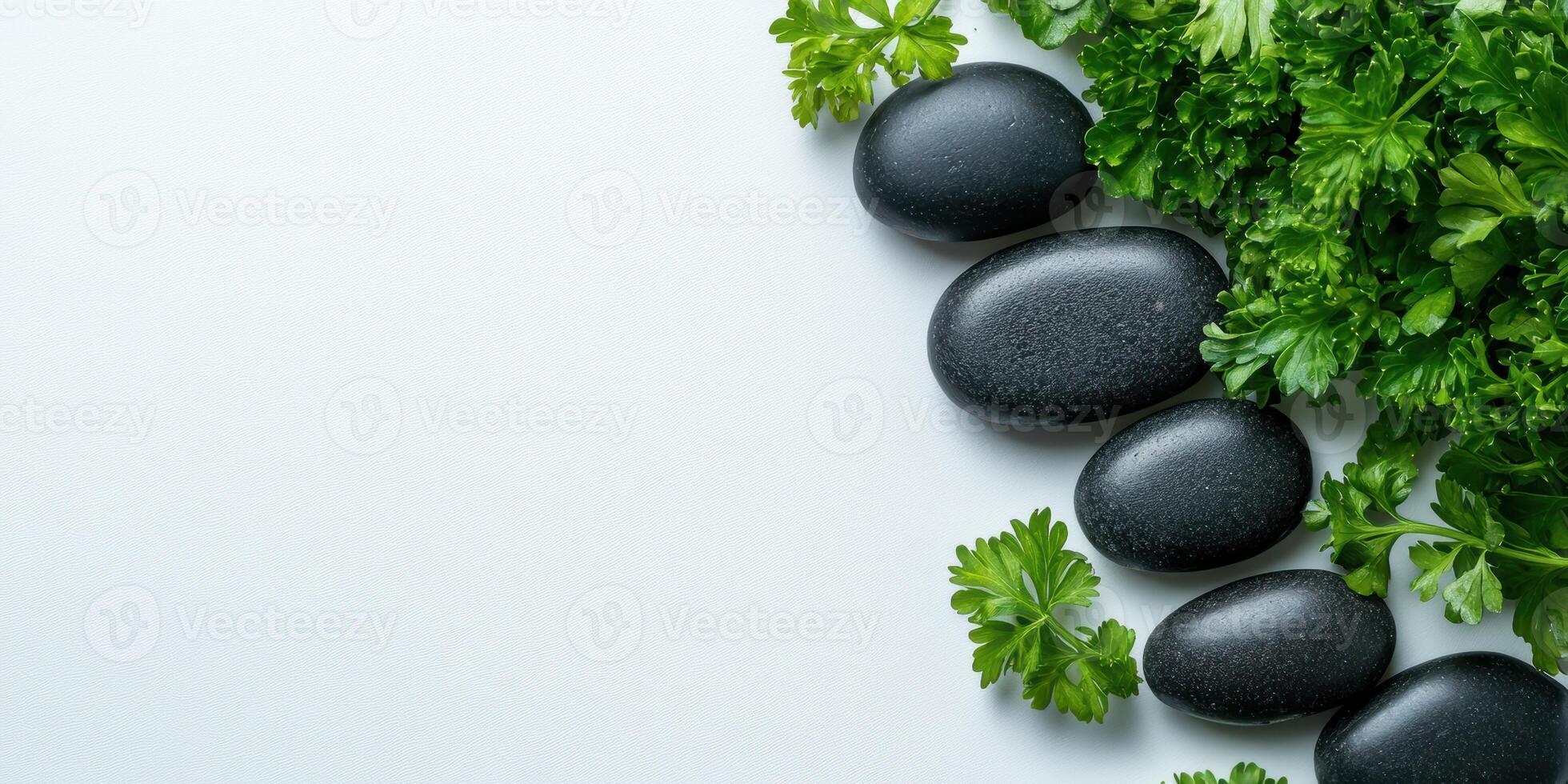 A minimalist arrangement of black stones and green herbs on a white surface photo