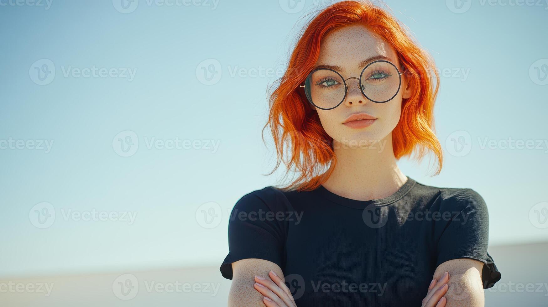 A woman with bold red hair and large round glasses stands with her arms crossed photo
