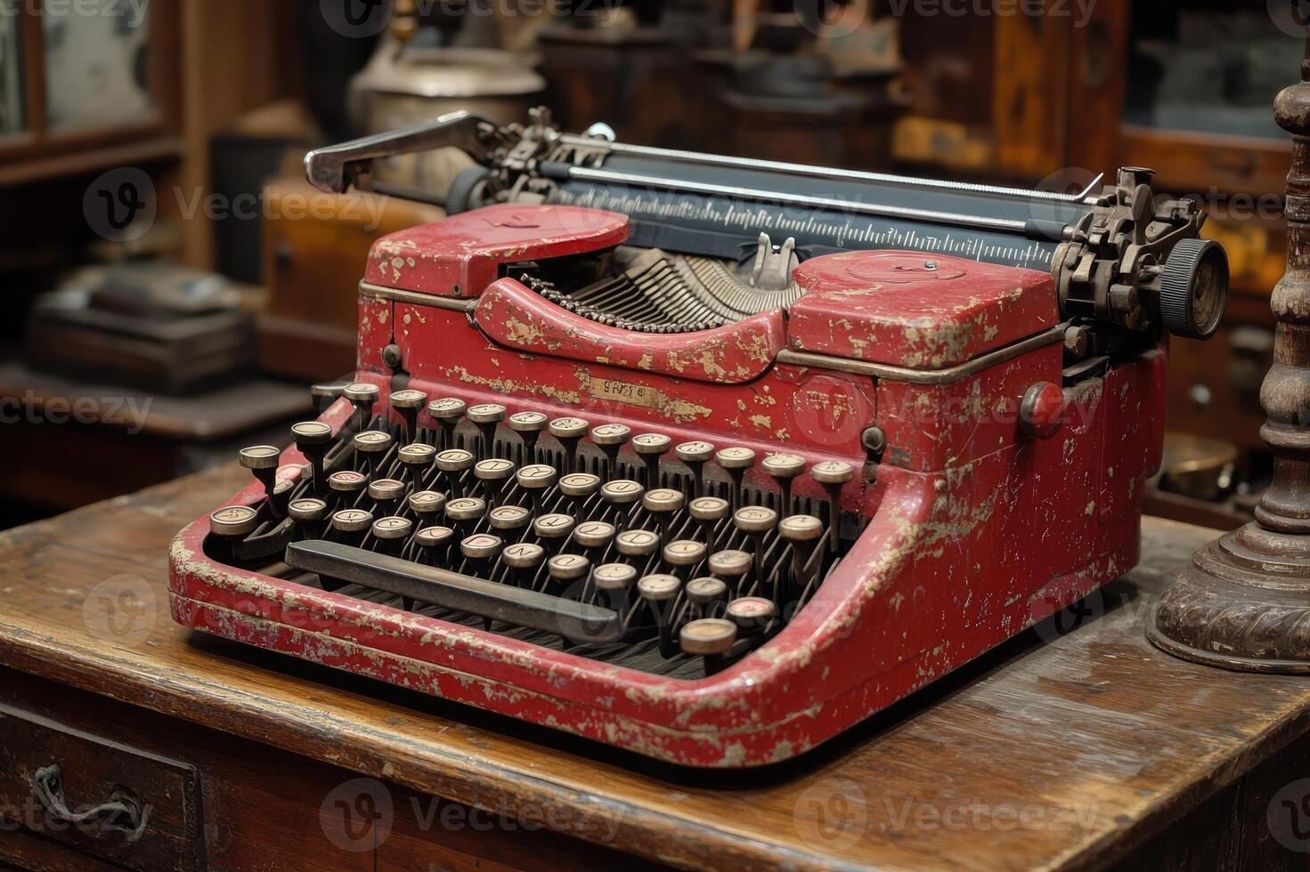 Red vintage typewriter showing handwritten letter on wooden desk photo