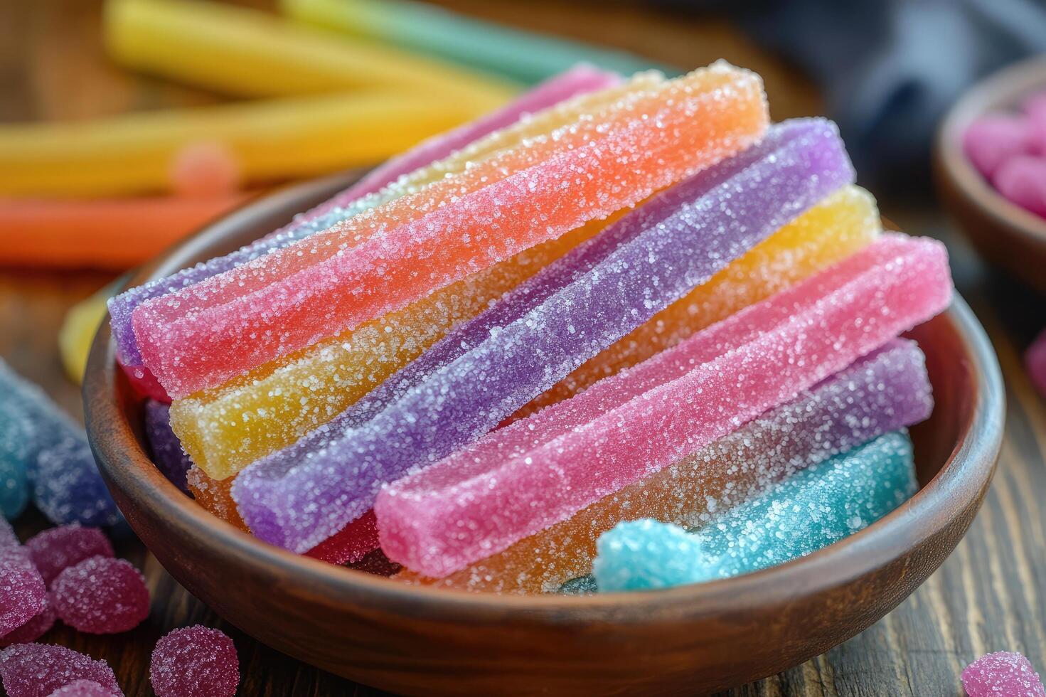 Colorful sour candy gummy candies in a wooden bowl, showing variety of colors and textures photo