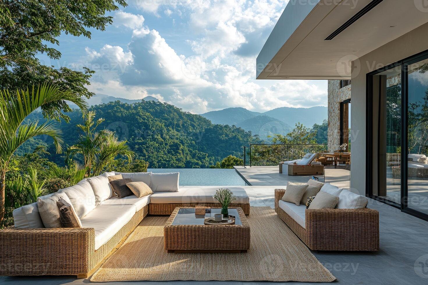 Luxury resort overlooking tropical rainforest with infinity pool and comfortable seating photo