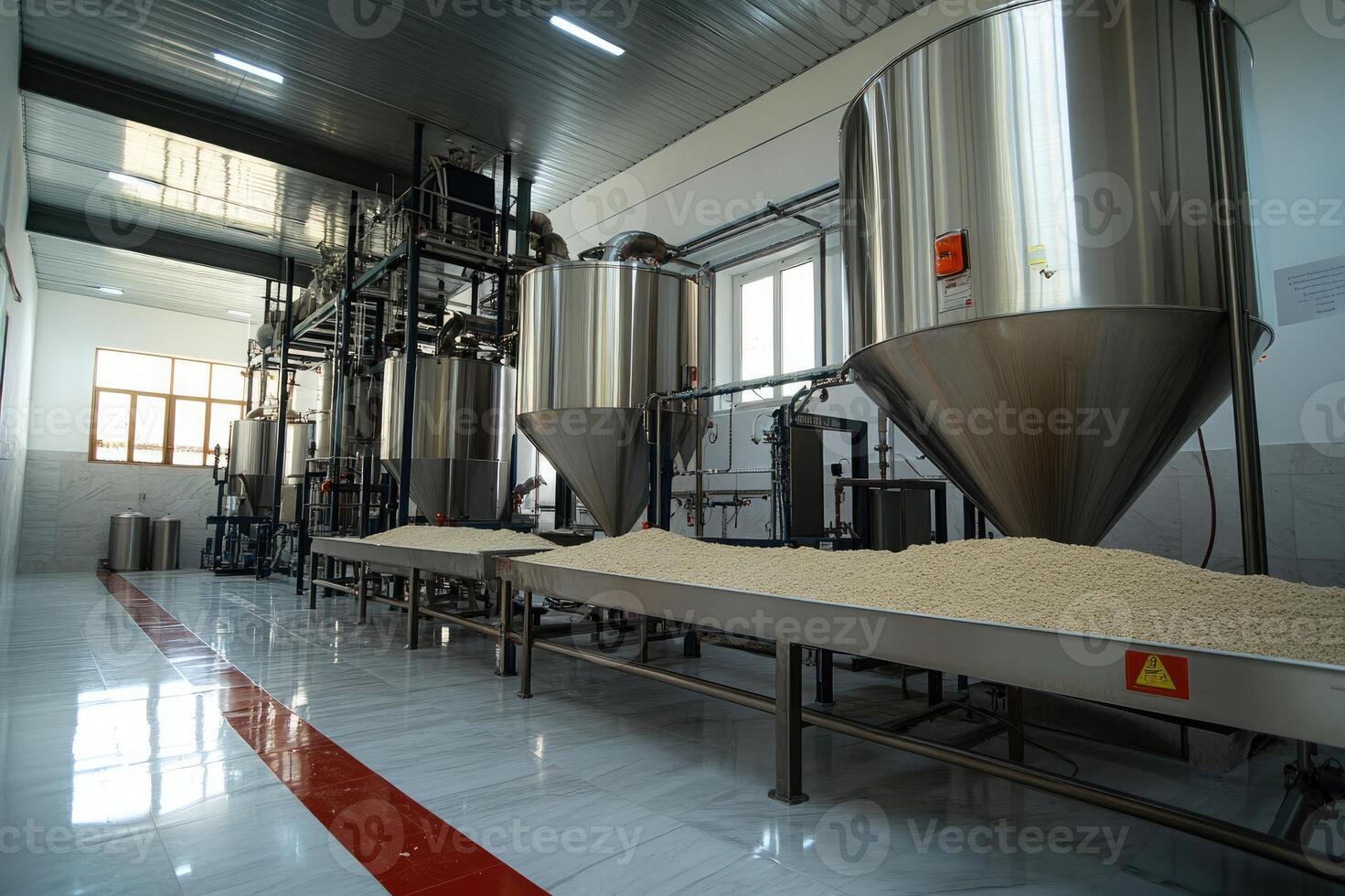 Modern food processing plant showing malt grain and industrial steel equipment photo