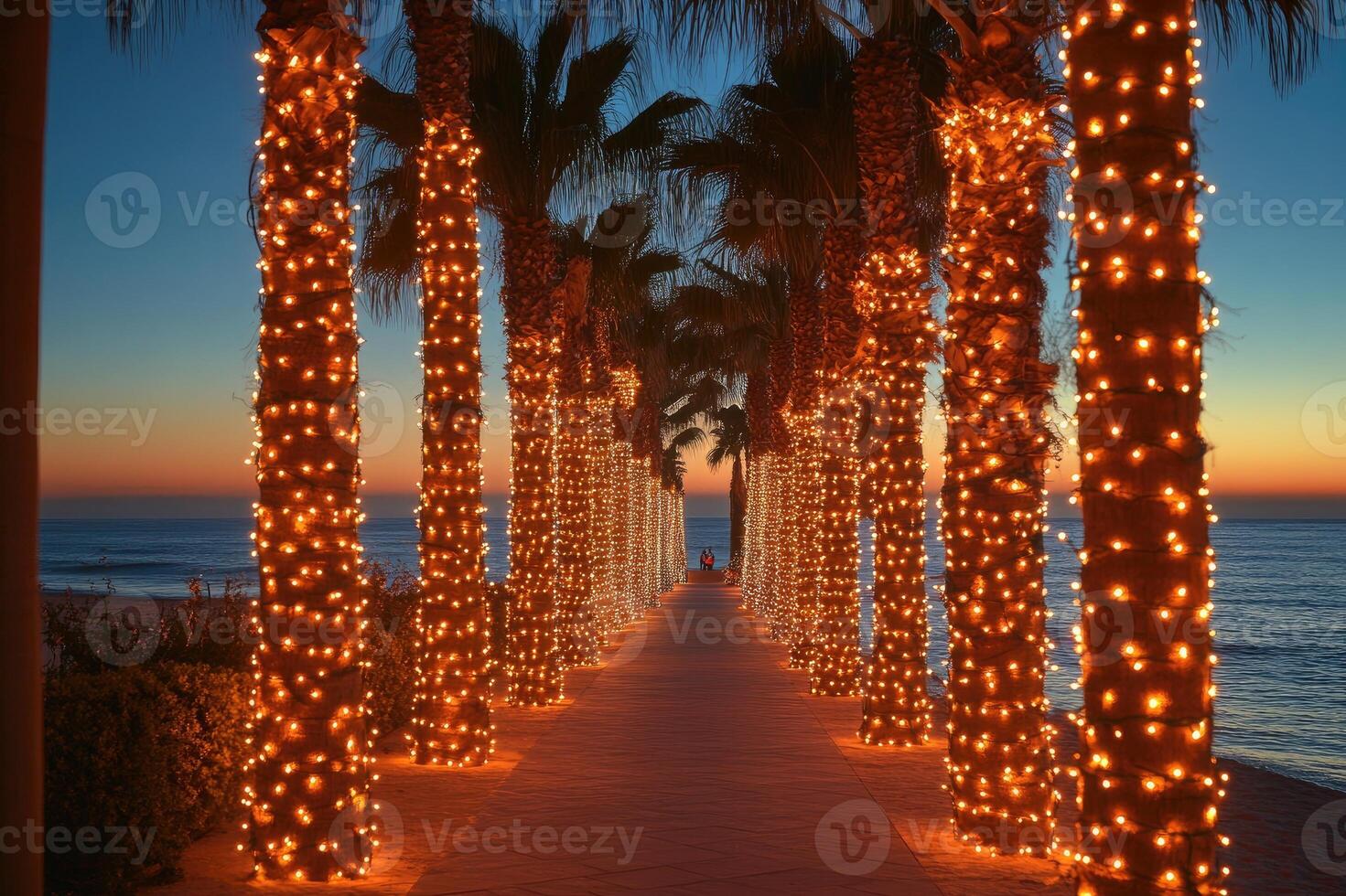 Palm trees decorated with string lights creating a magical walkway at sunset photo