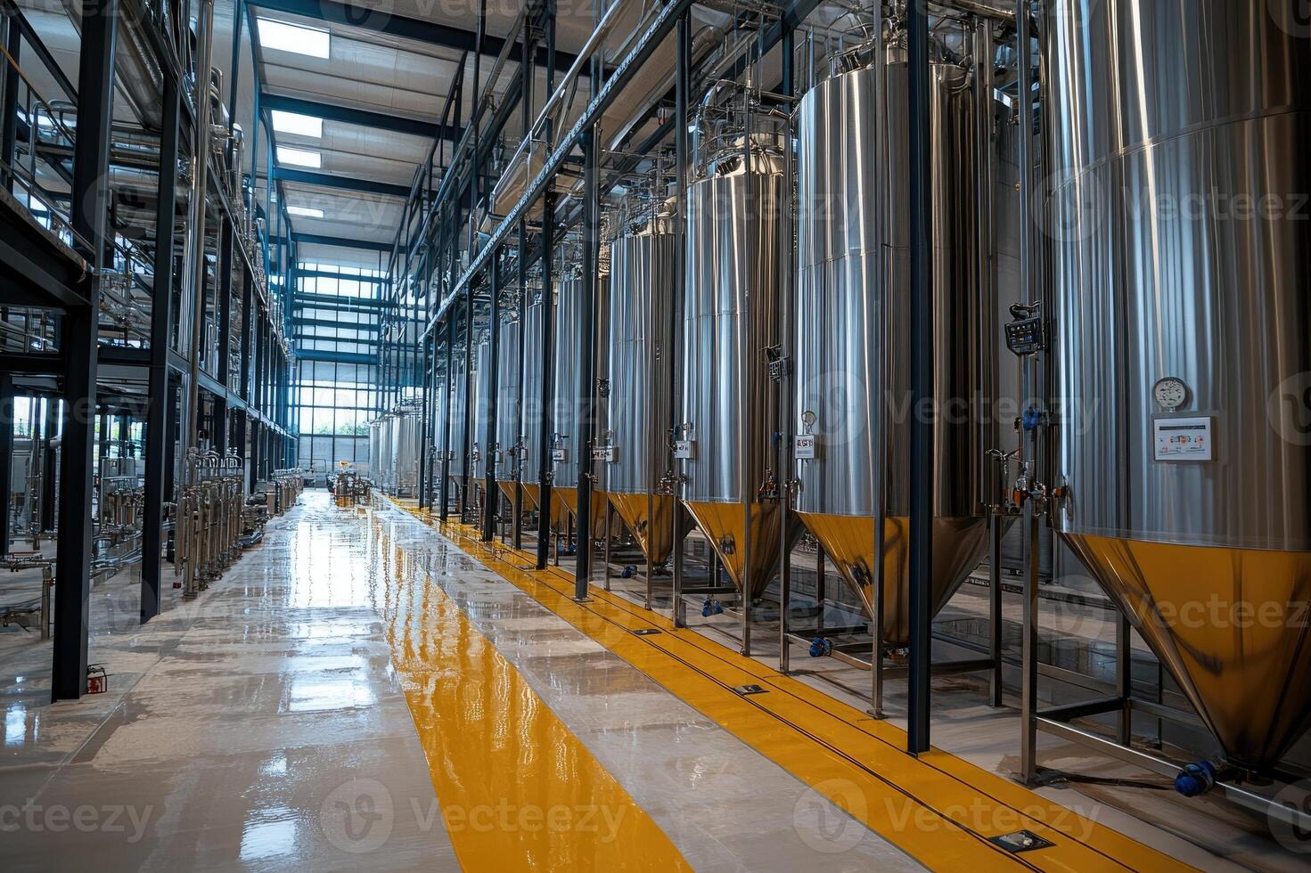 Rows of steel tanks stand in modern food processing plant photo