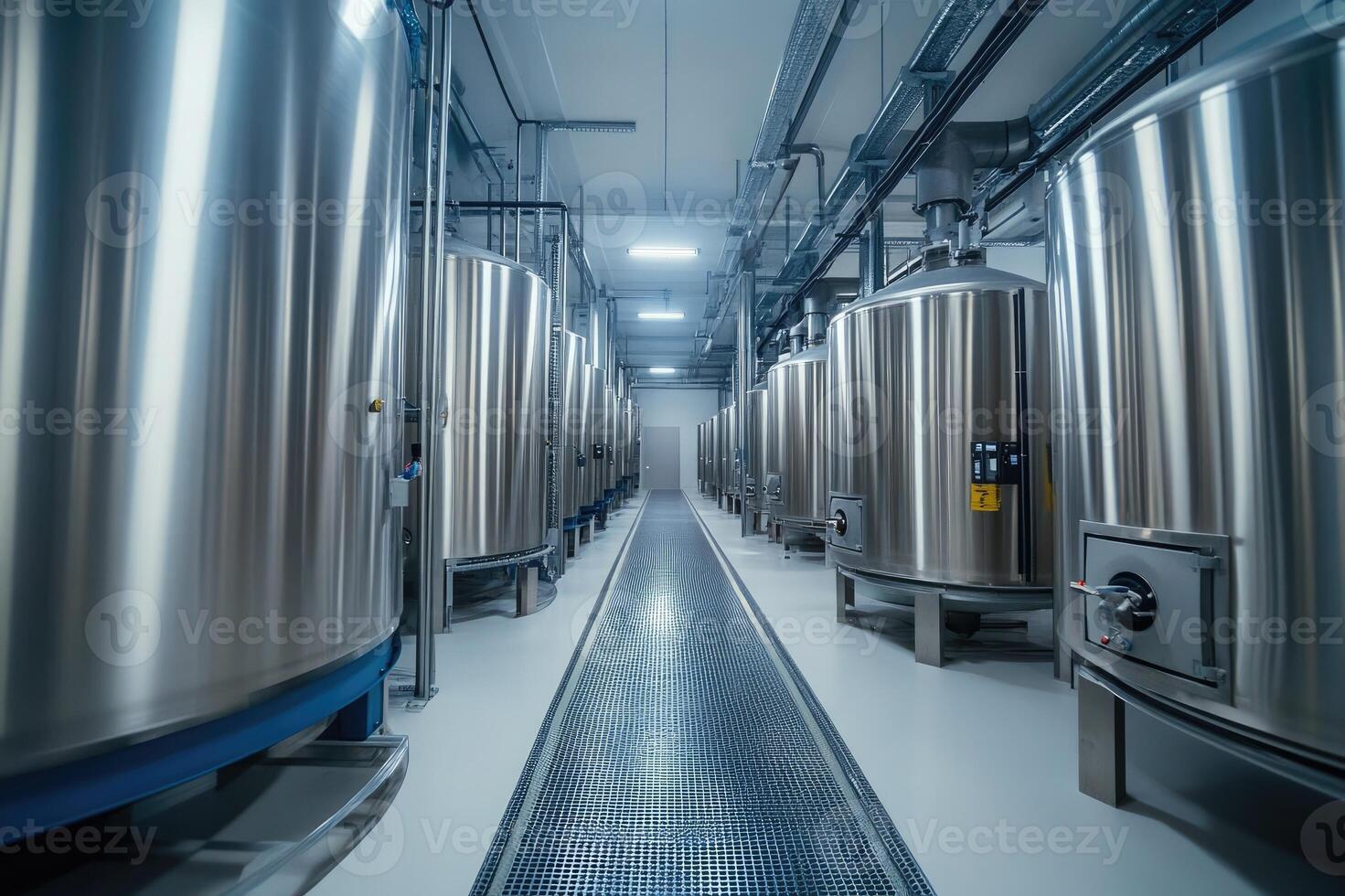 Modern steel tanks storing liquid in industrial factory food production facility photo