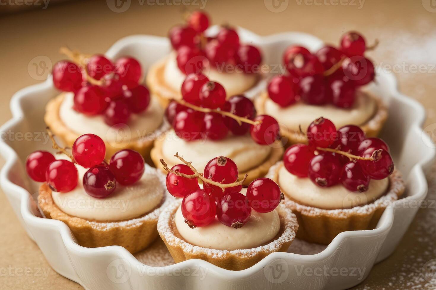Delicious tartlets with red currant and cream filling resting on wooden tray photo