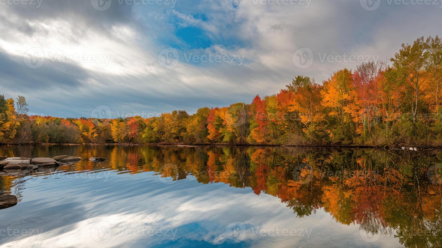 Colorful autumn forest reflecting in calm lake under cloudy sky photo