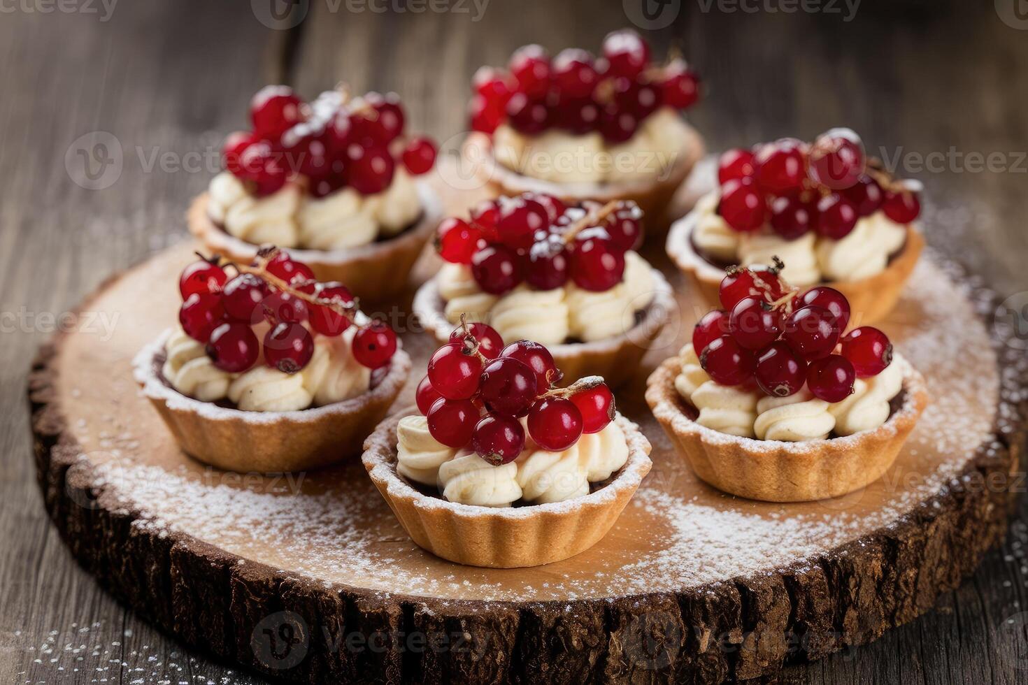 Delicious tartlets with red currant and cream filling resting on wooden tray photo