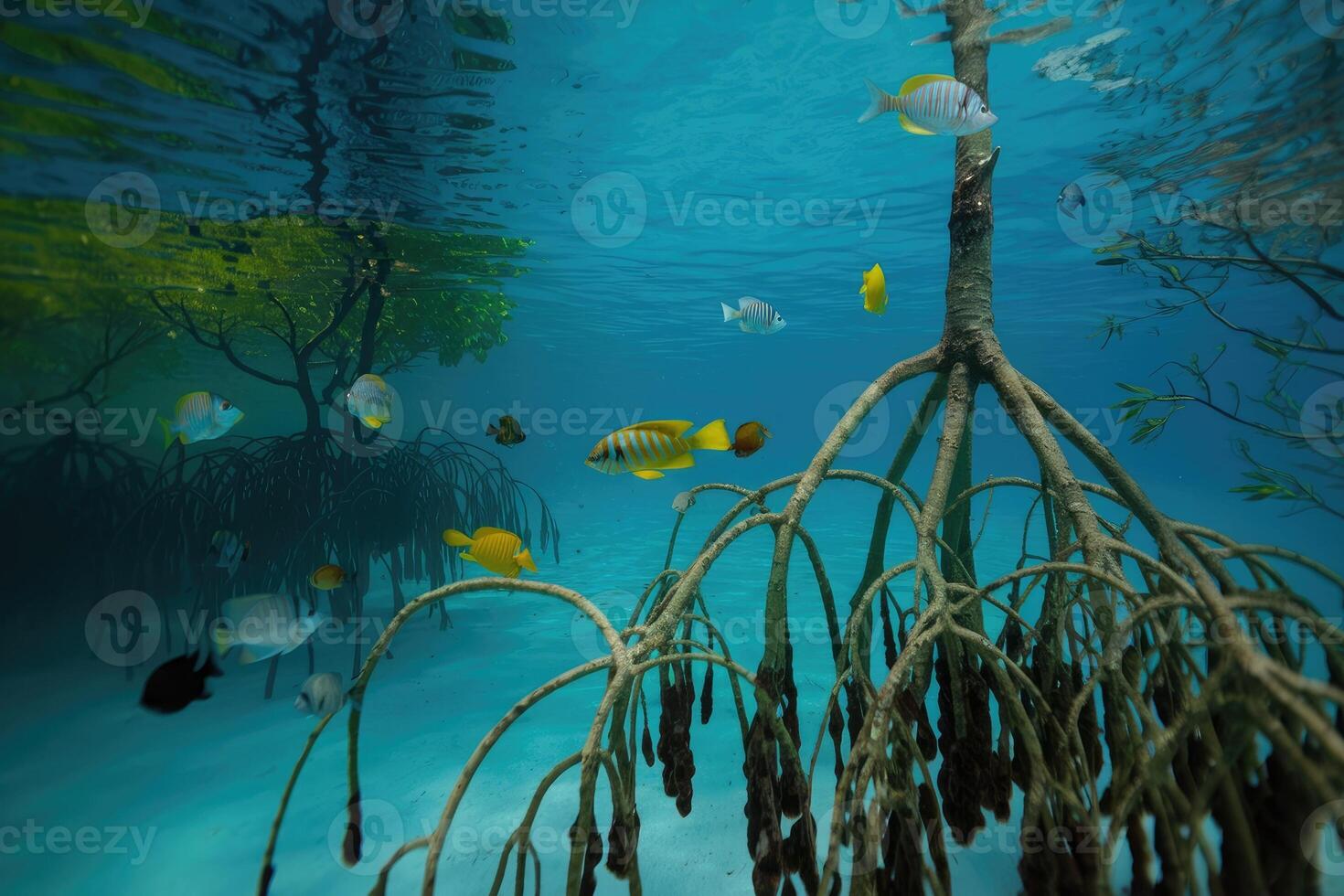 Mangrove roots submerged in crystal-clear turquoise water with colorful fish swimming around photo