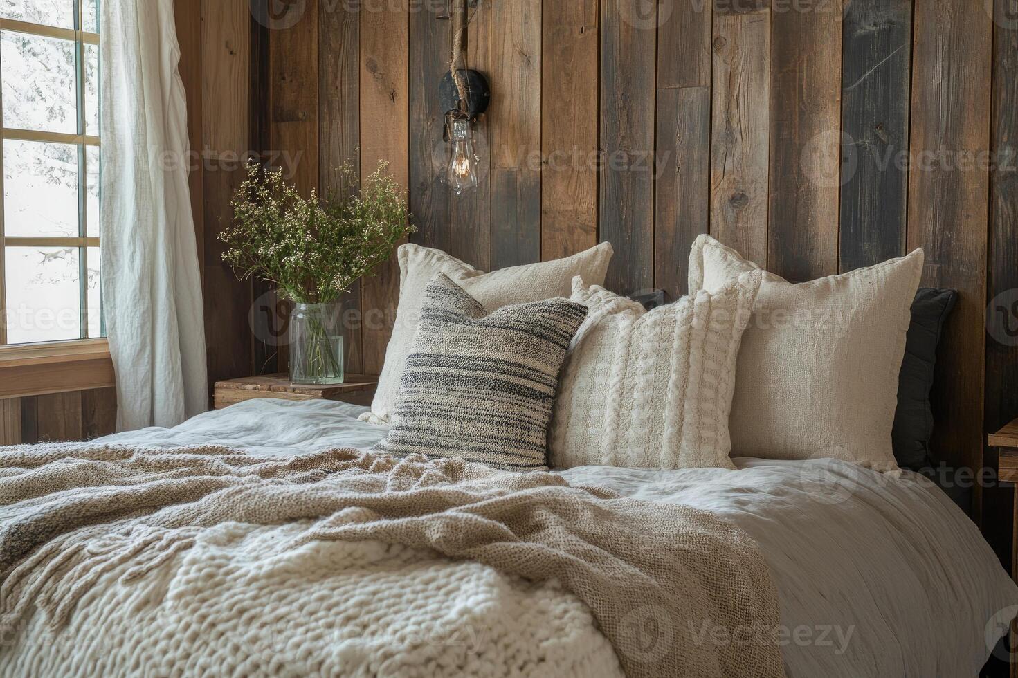 Cozy bedroom interior with knitted blanket and pillows in rustic cabin during winter photo