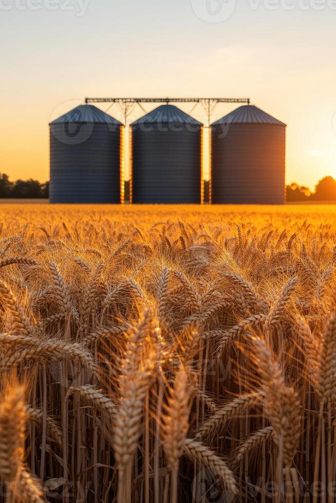 Golden wheat field at sunset with grain silos in background photo