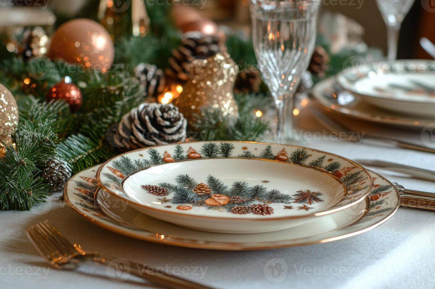Christmas table setting decorated with pine branches and pine cones showing holiday spirit photo