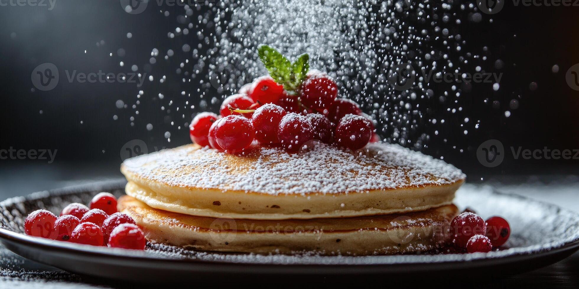 Icing sugar falling on pancakes with redcurrant and mint photo