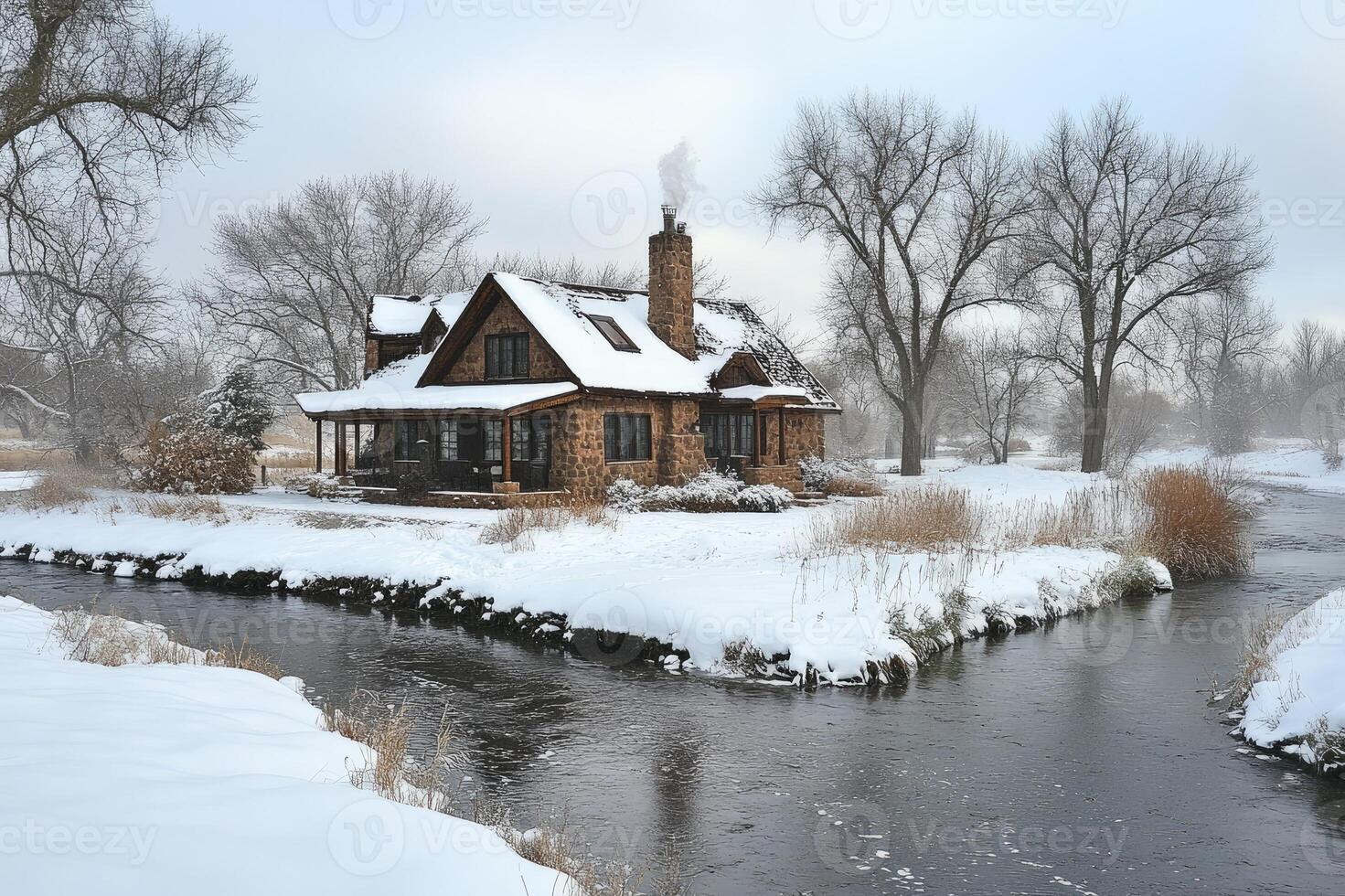 Snow covered house with a chimney photo