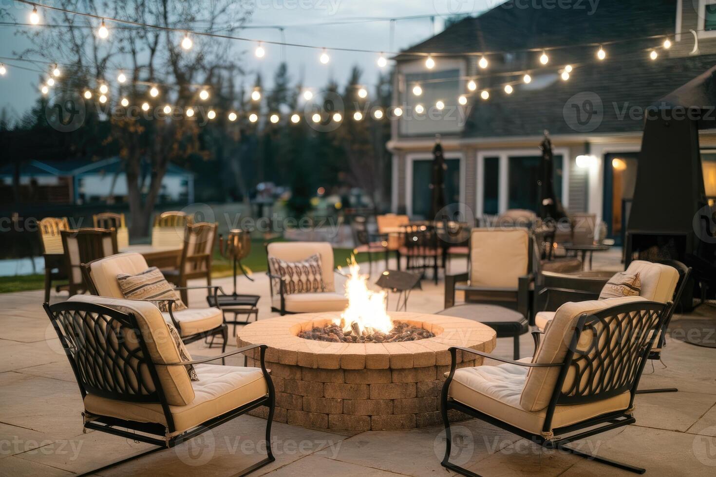 Cozy outdoor patio with fire pit and string lights illuminating the evening photo