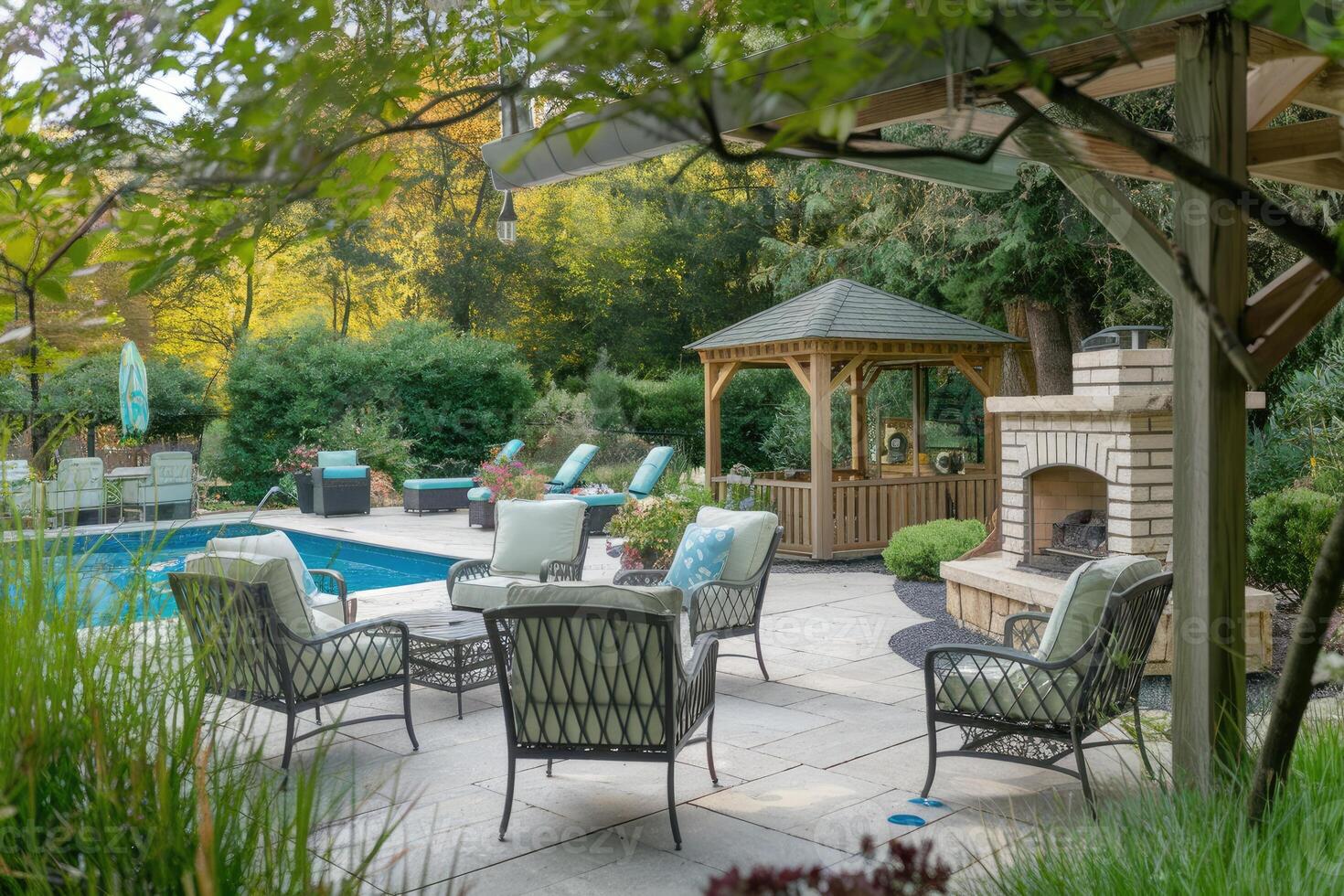 Relaxing backyard patio with pool, gazebo, and fireplace on a sunny autumn day photo
