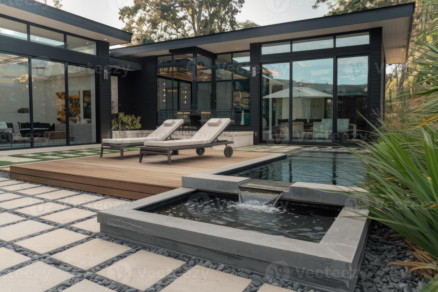 Modern house with swimming pool and waterfall featuring deck chairs photo
