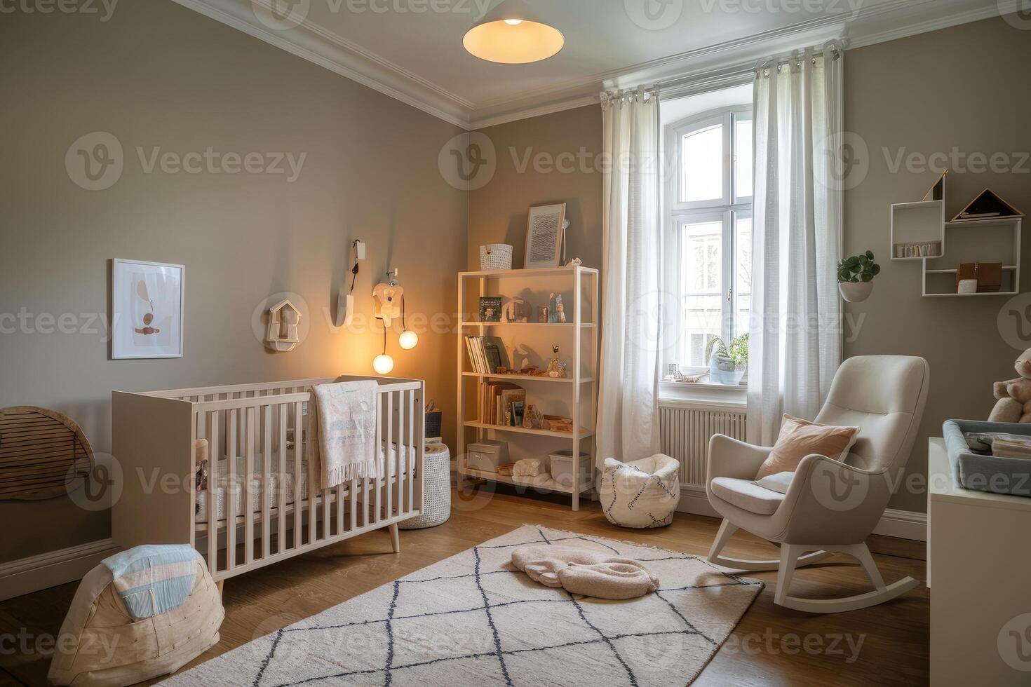 Modern designed baby room with wooden crib and rocking chair providing a comfortable and cozy atmosphere photo