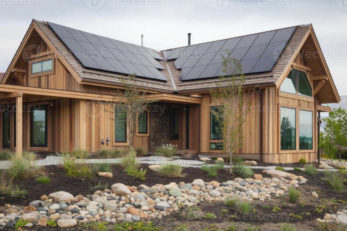 Modern wooden house generating its own green energy with solar panels photo