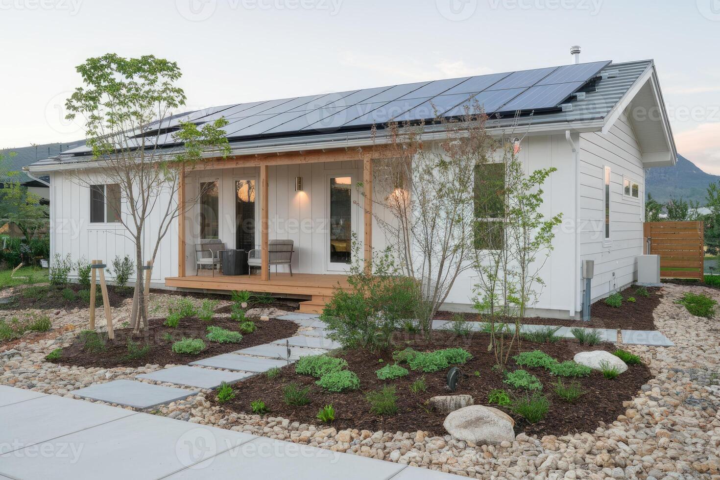 Modern suburban house featuring solar panels and landscaped yard photo