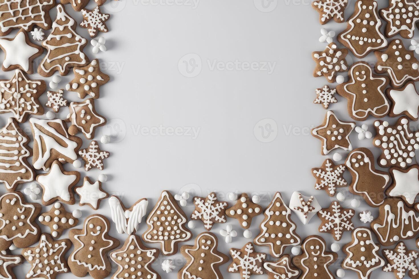 Christmas gingerbread cookies forming a frame on white background photo