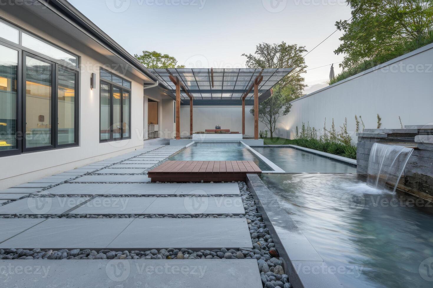 Modern backyard with swimming pool, waterfall and pergola creating relaxing ambiance photo