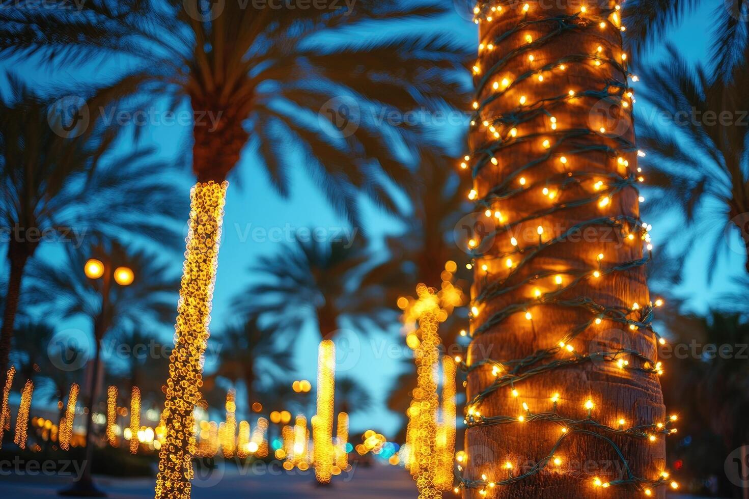 Warm christmas lights decorating palm trees at twilight photo