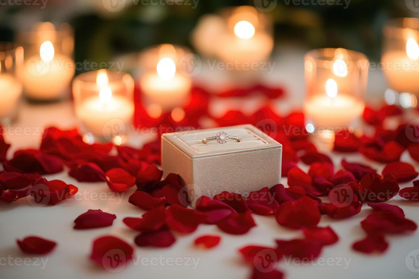 Romantic proposal with engagement ring surrounded by rose petals and burning candles photo