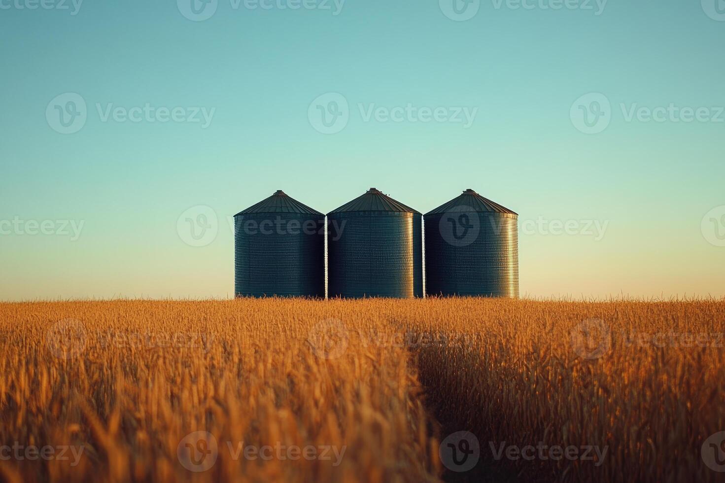Three grain bins standing in wheat field at sunset photo