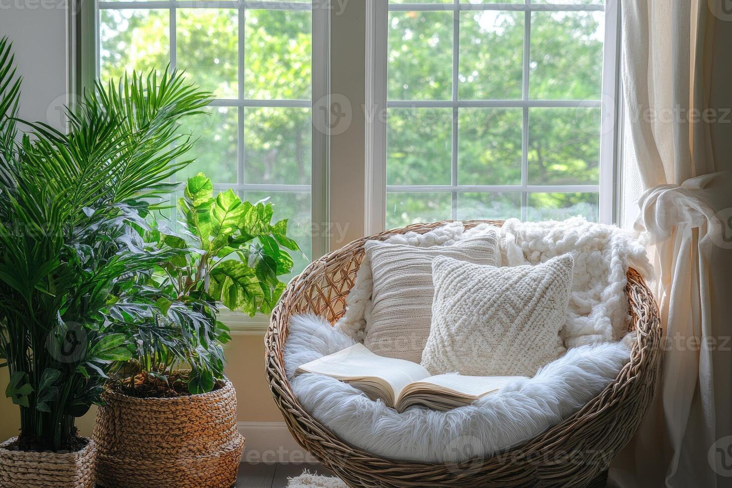 Open book resting on cozy papasan chair by window with lush plants photo