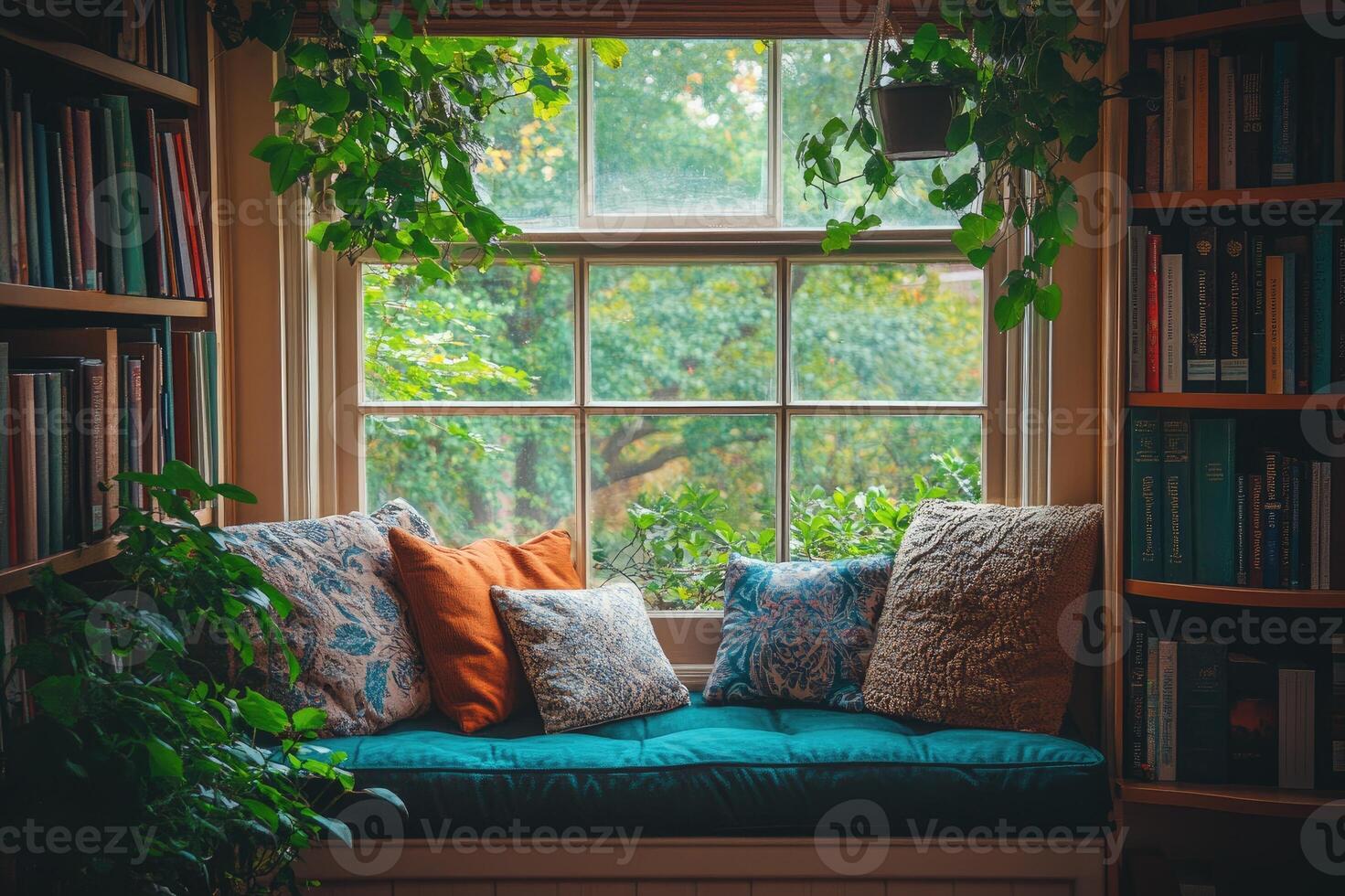 Cozy reading nook overlooking lush green garden from window seat photo