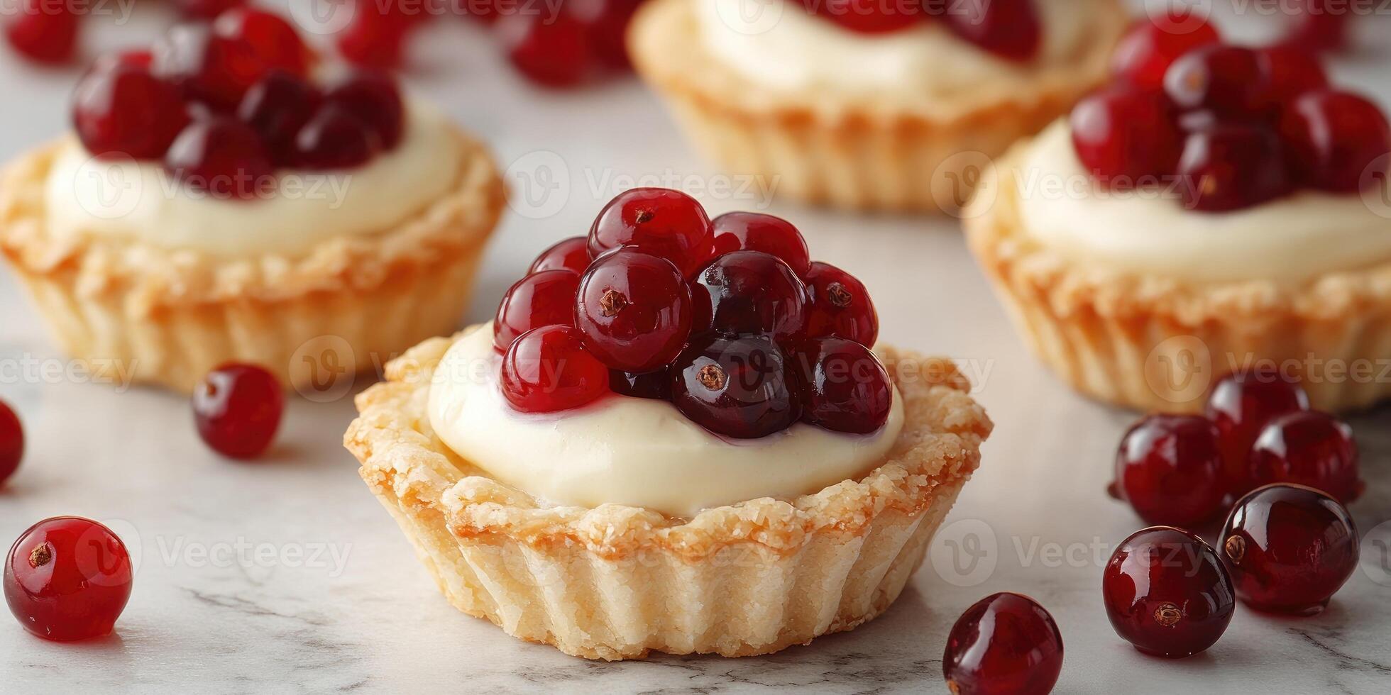Delicious tartlets with cream and red currant decorated with powdered sugar photo