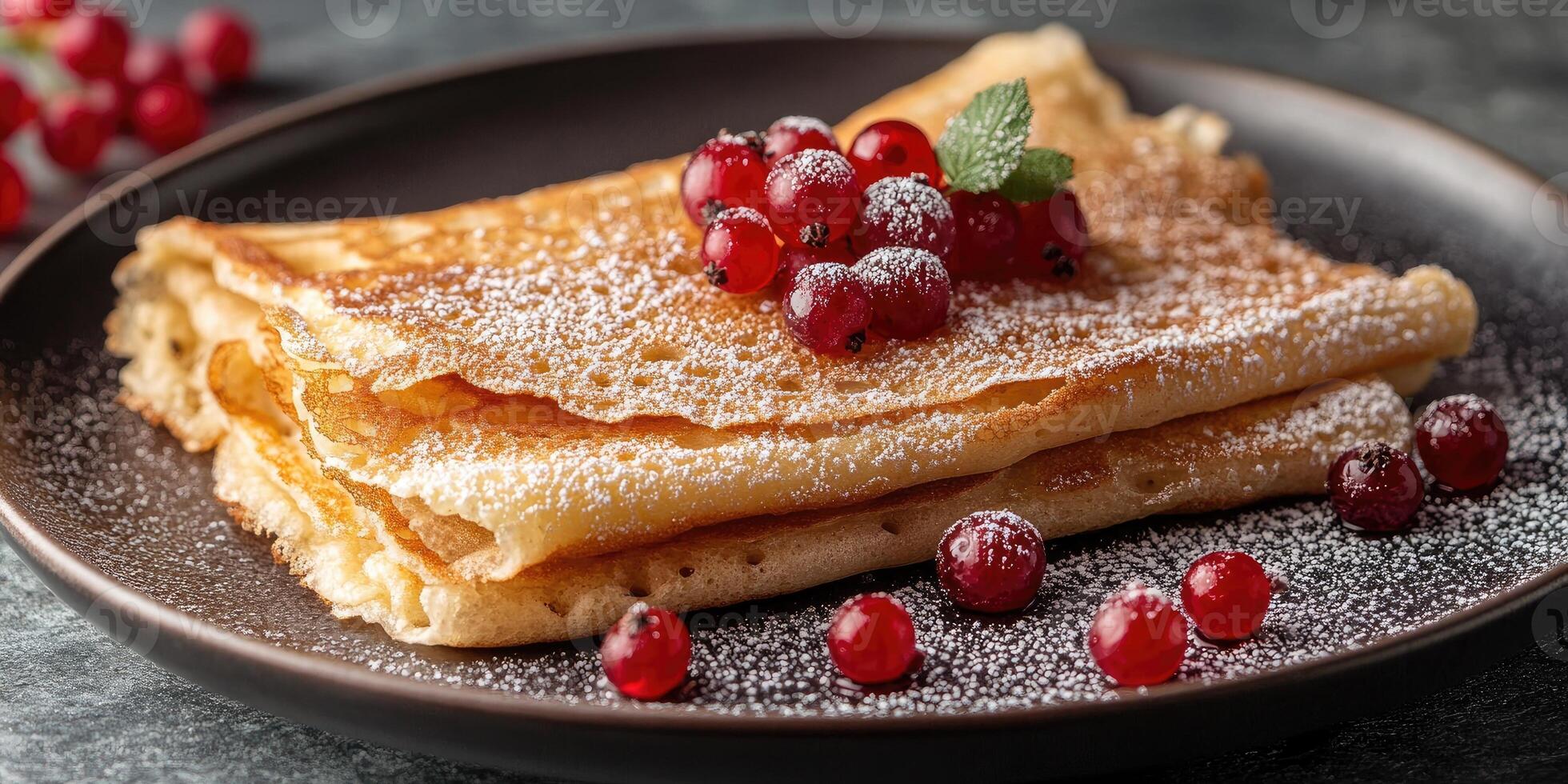 Christmas pancakes decorated with red currants and icing sugar photo