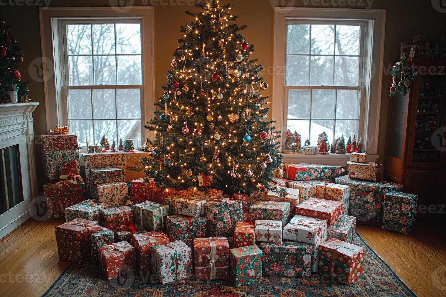 Christmas tree illuminating wrapped presents in cozy living room photo
