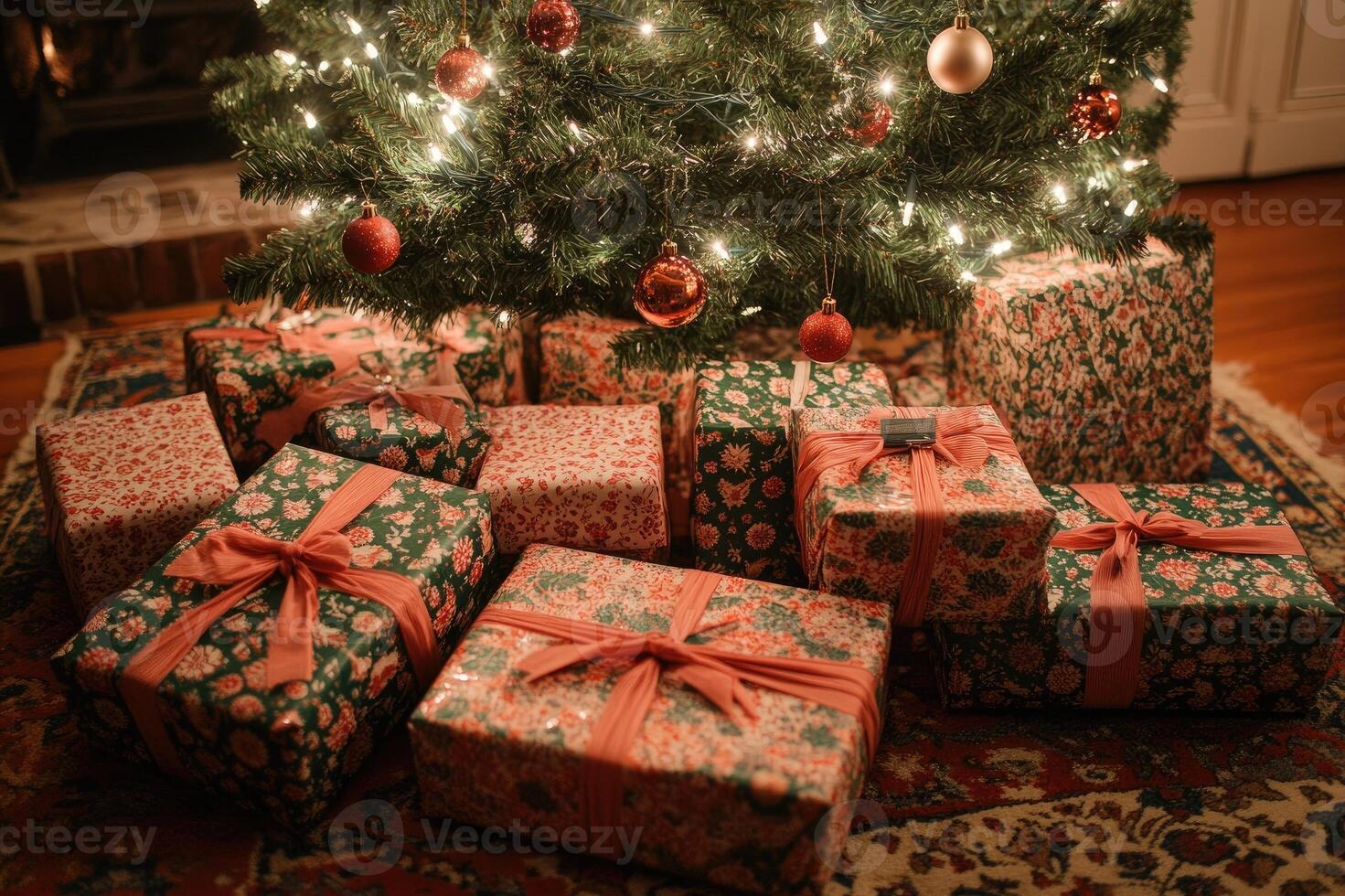 Christmas presents under the tree with warm lighting creating a cozy atmosphere photo