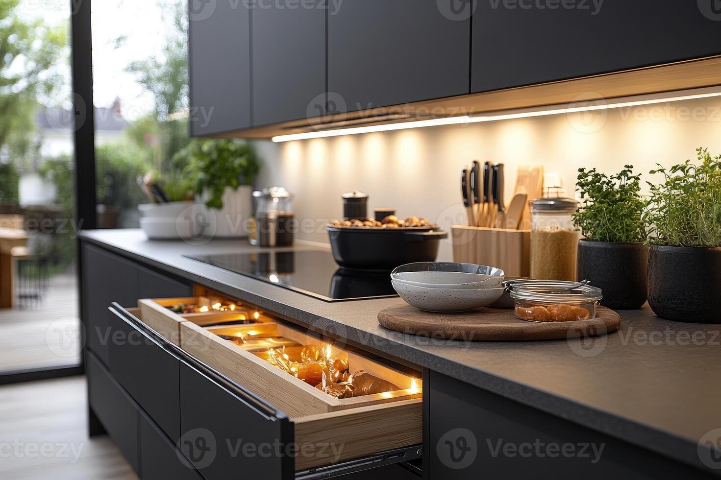 Modern black kitchen with open drawers showing spices and led lighting photo