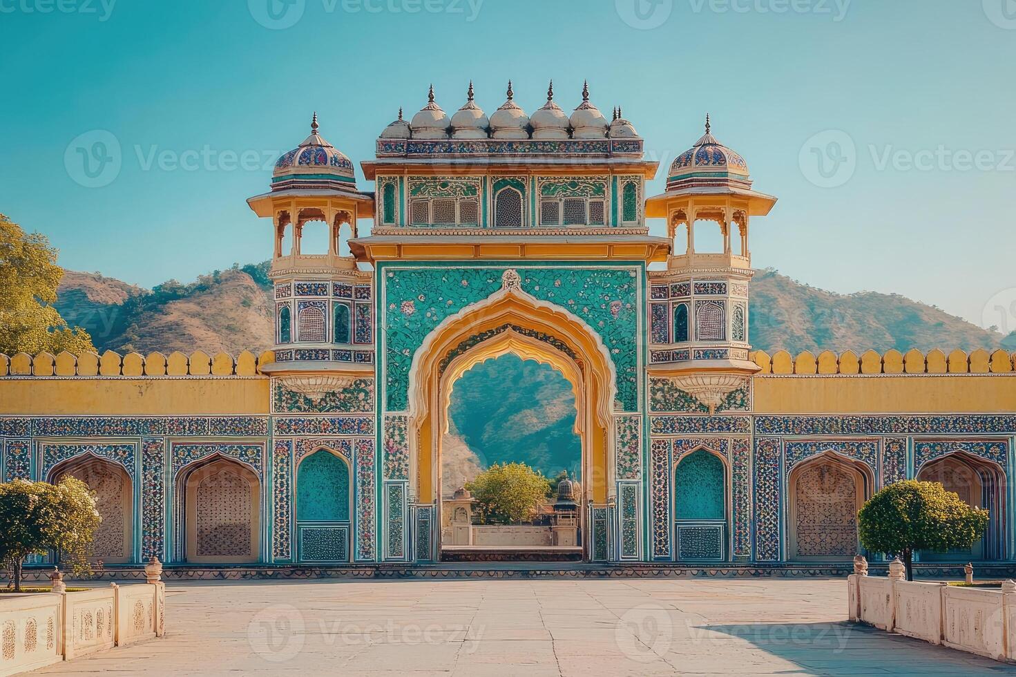 Patrika gate showing intricate turquoise floral tile work in jaipur, india photo