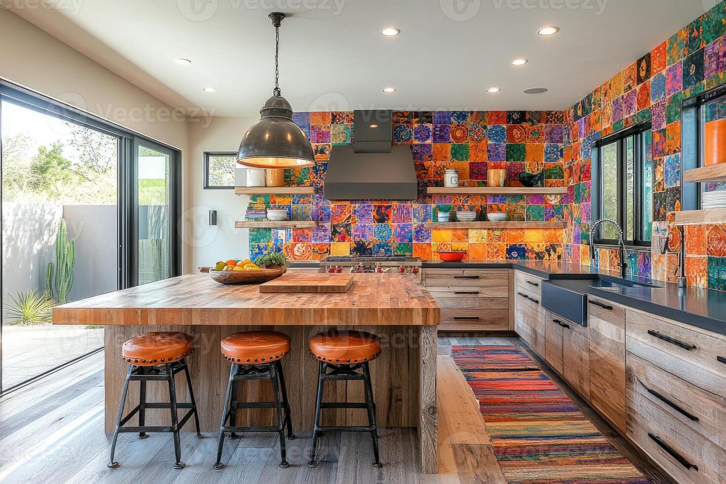 Kitchen with a center island and stools, a hanging light, and colorful tiles photo