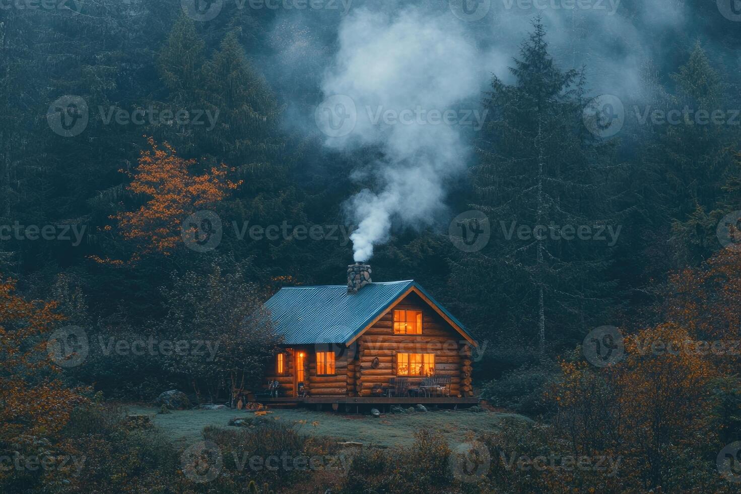 Cozy log cabin emitting smoke in a misty autumn forest at twilight photo