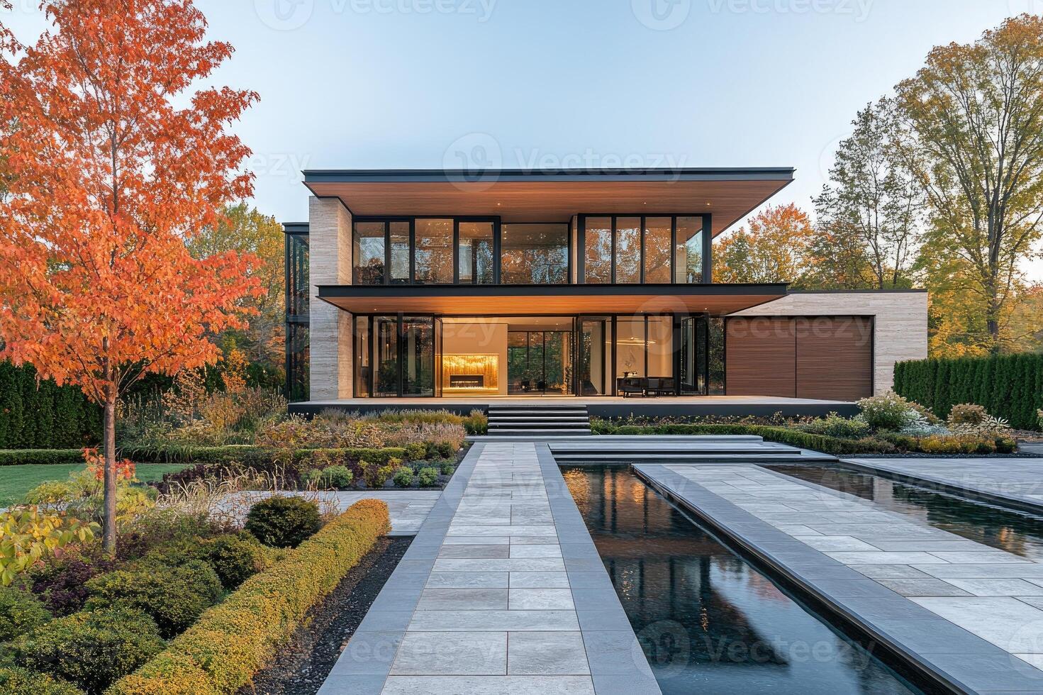 Modern luxury home exterior with reflecting pools and landscaping at sunset photo