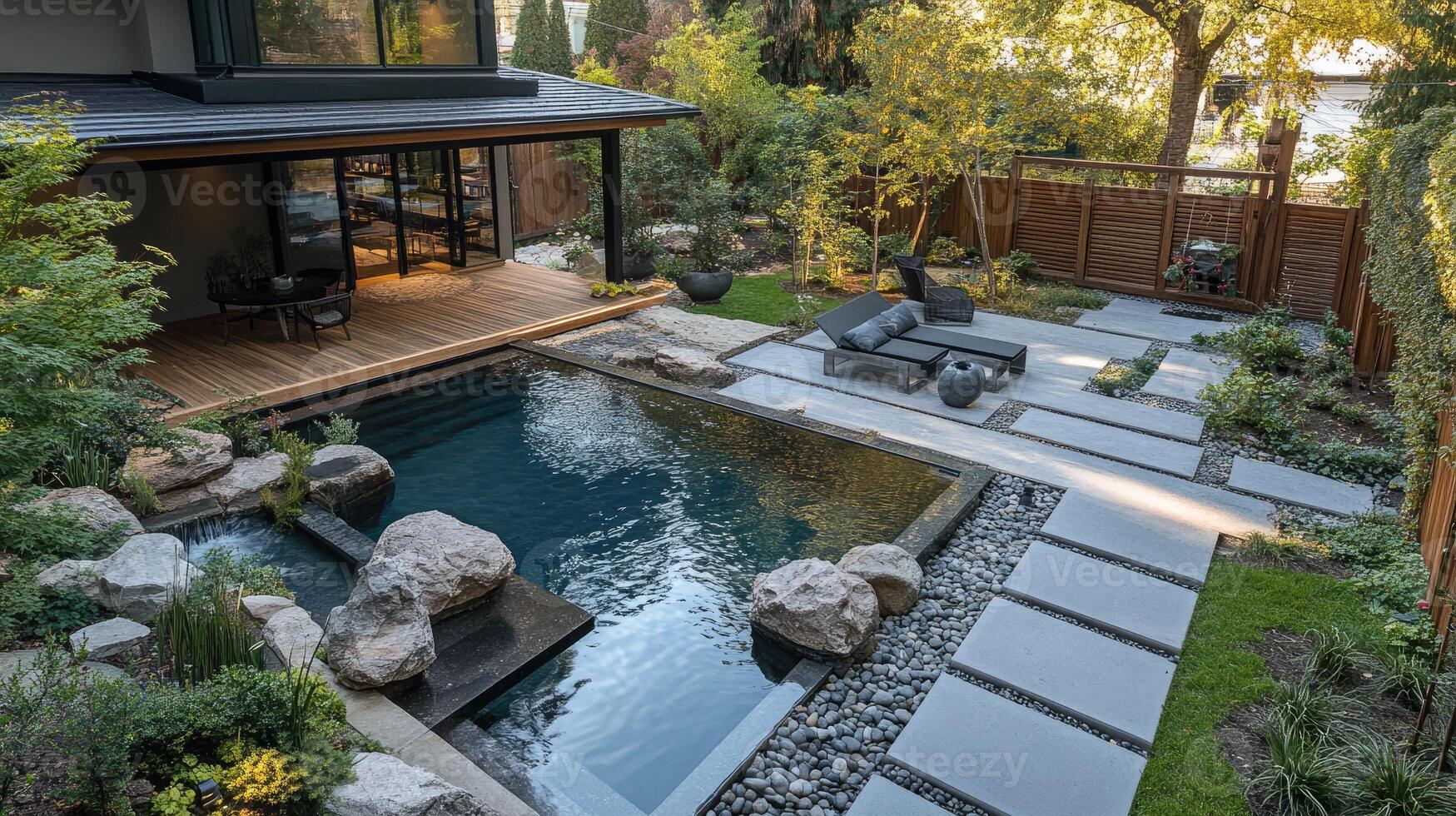 Modern backyard with swimming pool, waterfall, and deck featuring japanese garden design photo