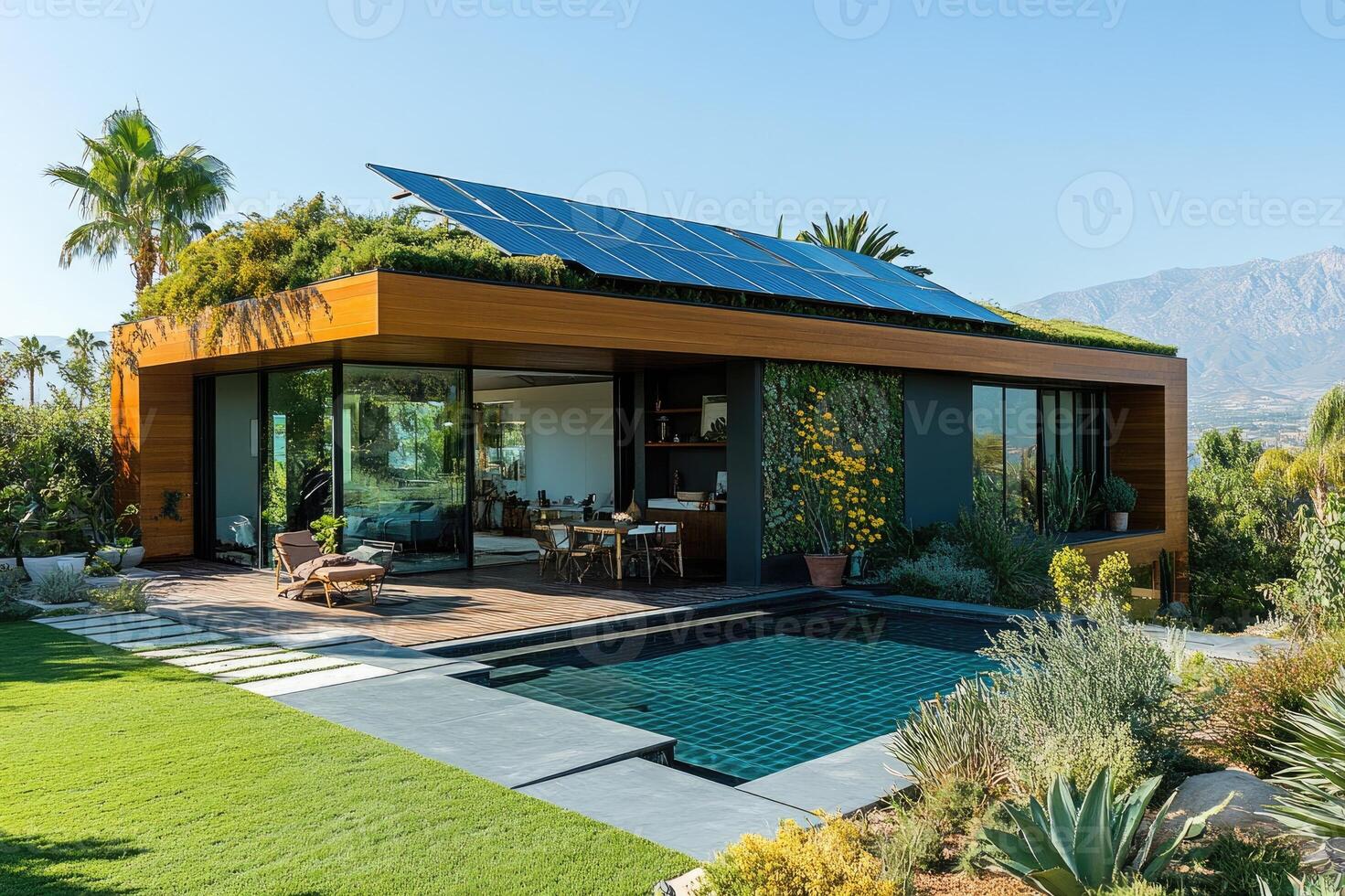 Modern sustainable house featuring green roof, solar panels, and swimming pool photo
