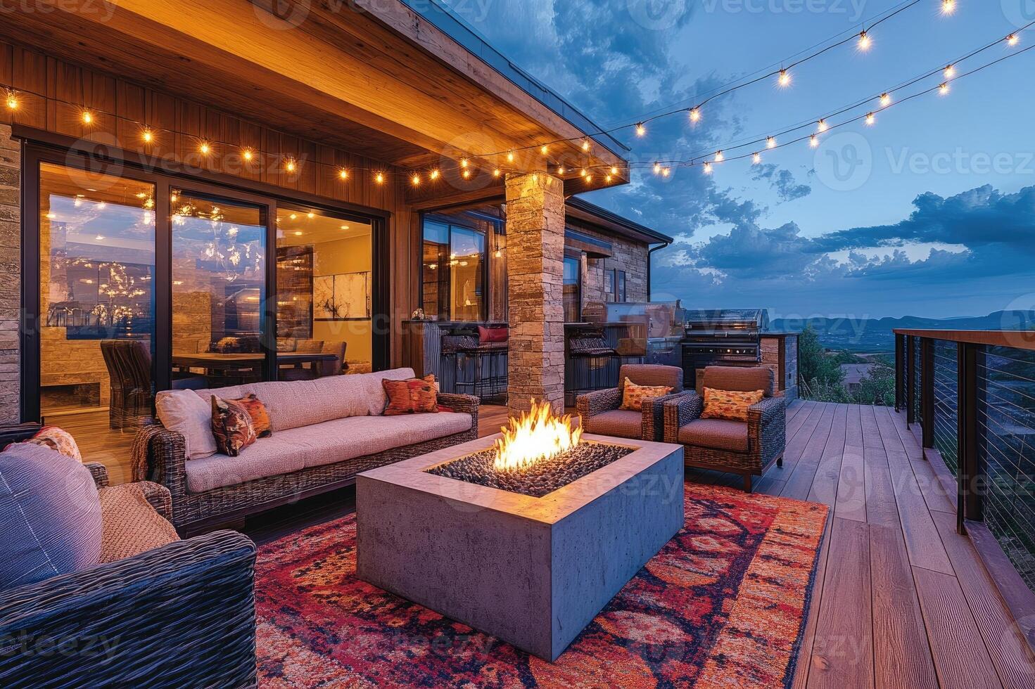 Modern mountain home patio with fire pit and string lights at dusk photo