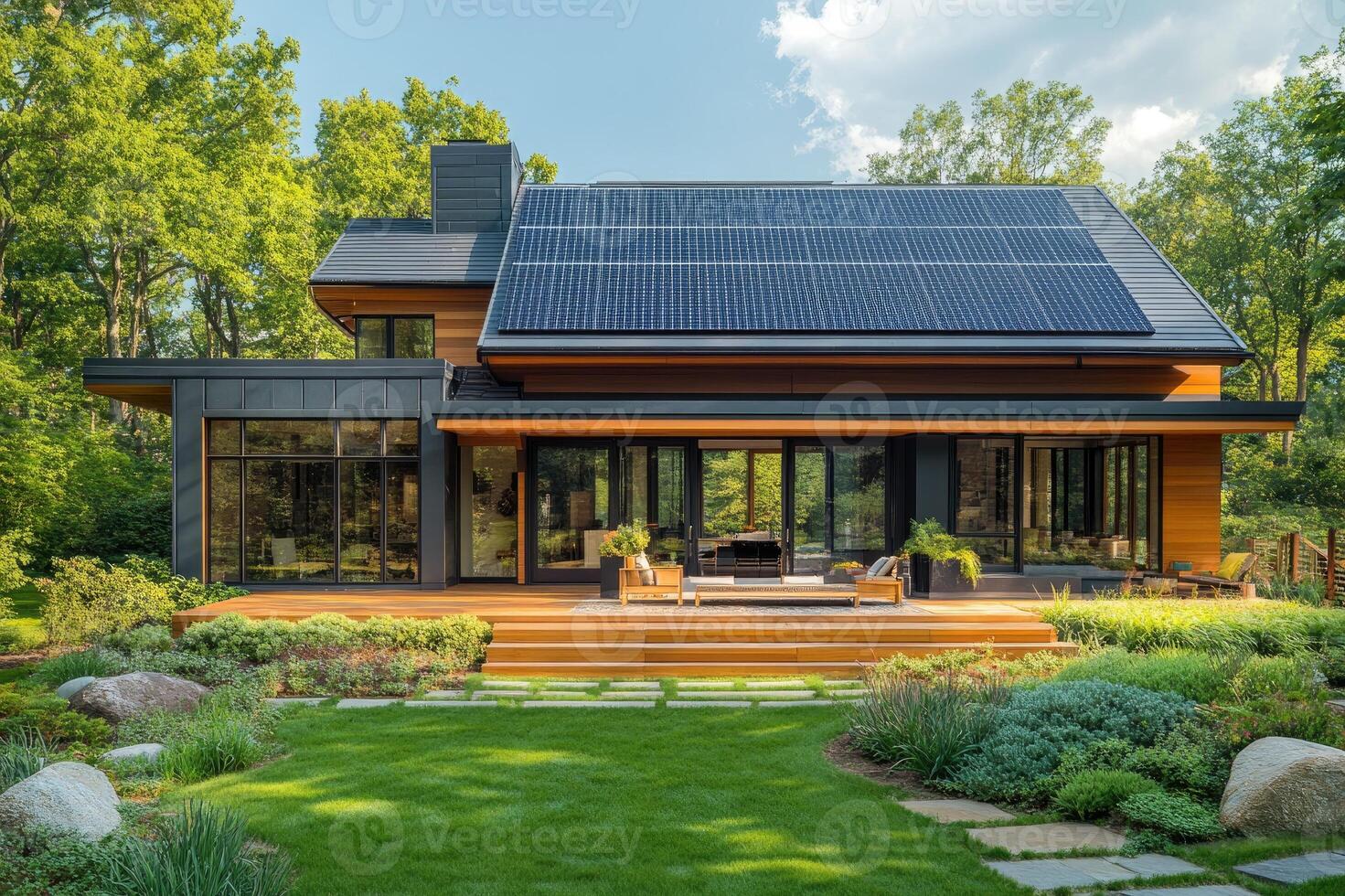 Modern sustainable home with solar panels generating green energy photo