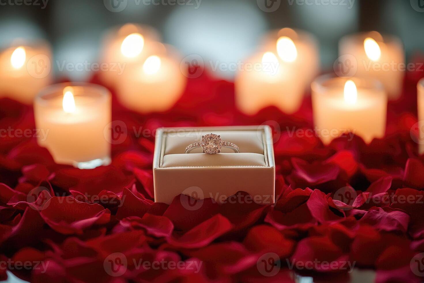 Romantic proposal with engagement ring surrounded by rose petals and burning candles photo