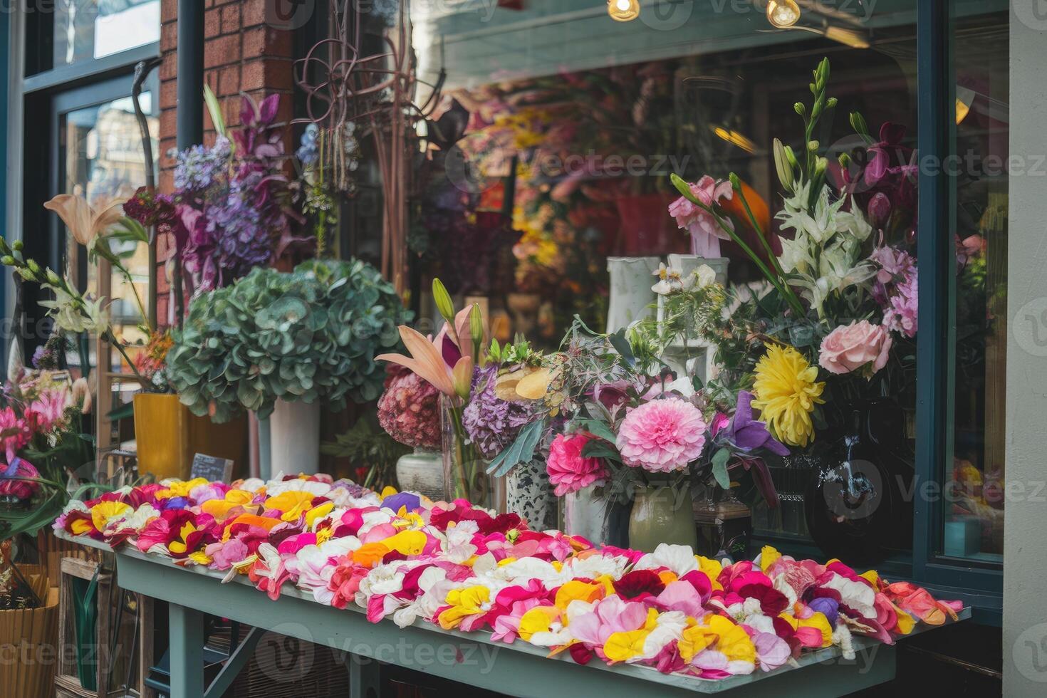 Flower shop displaying colorful flower petals on table photo
