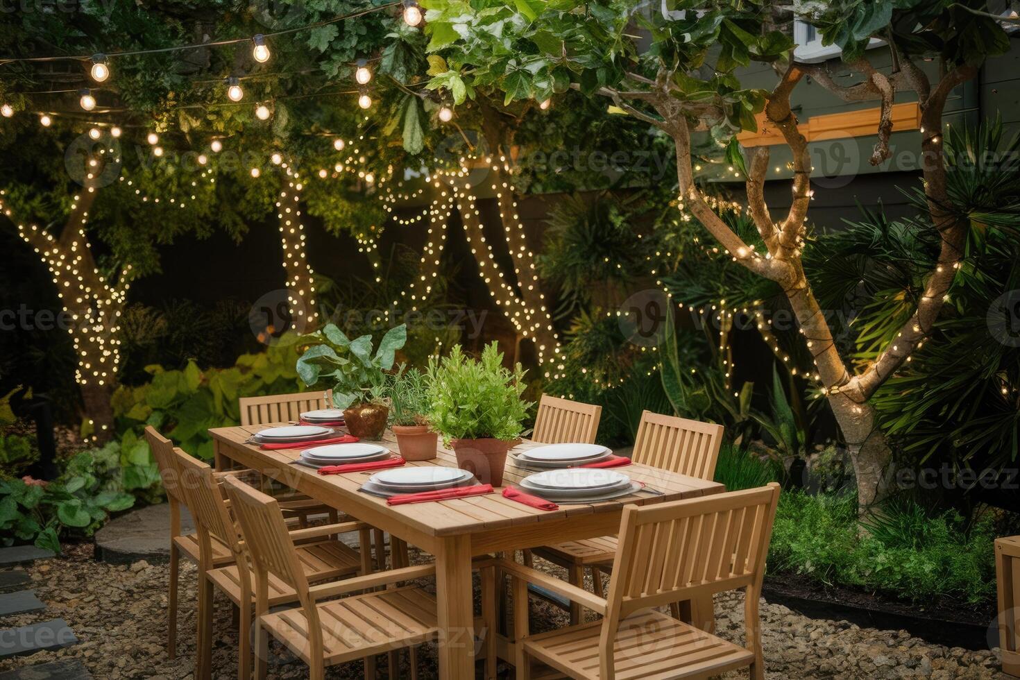 Wooden table and chairs illuminated by string lights in a garden setting for an evening dinner party photo